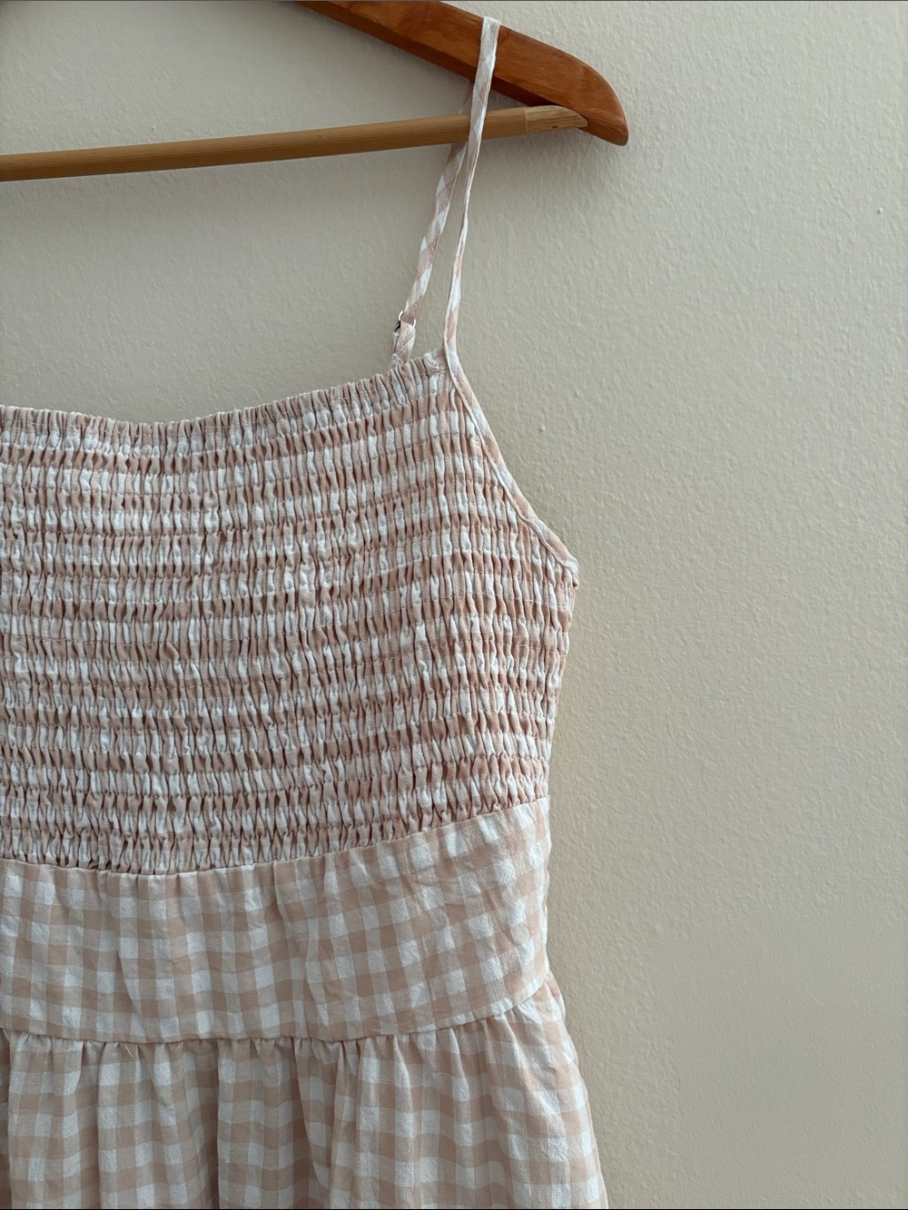 Gingham Smocked Maxi Dress in Beige-Pink